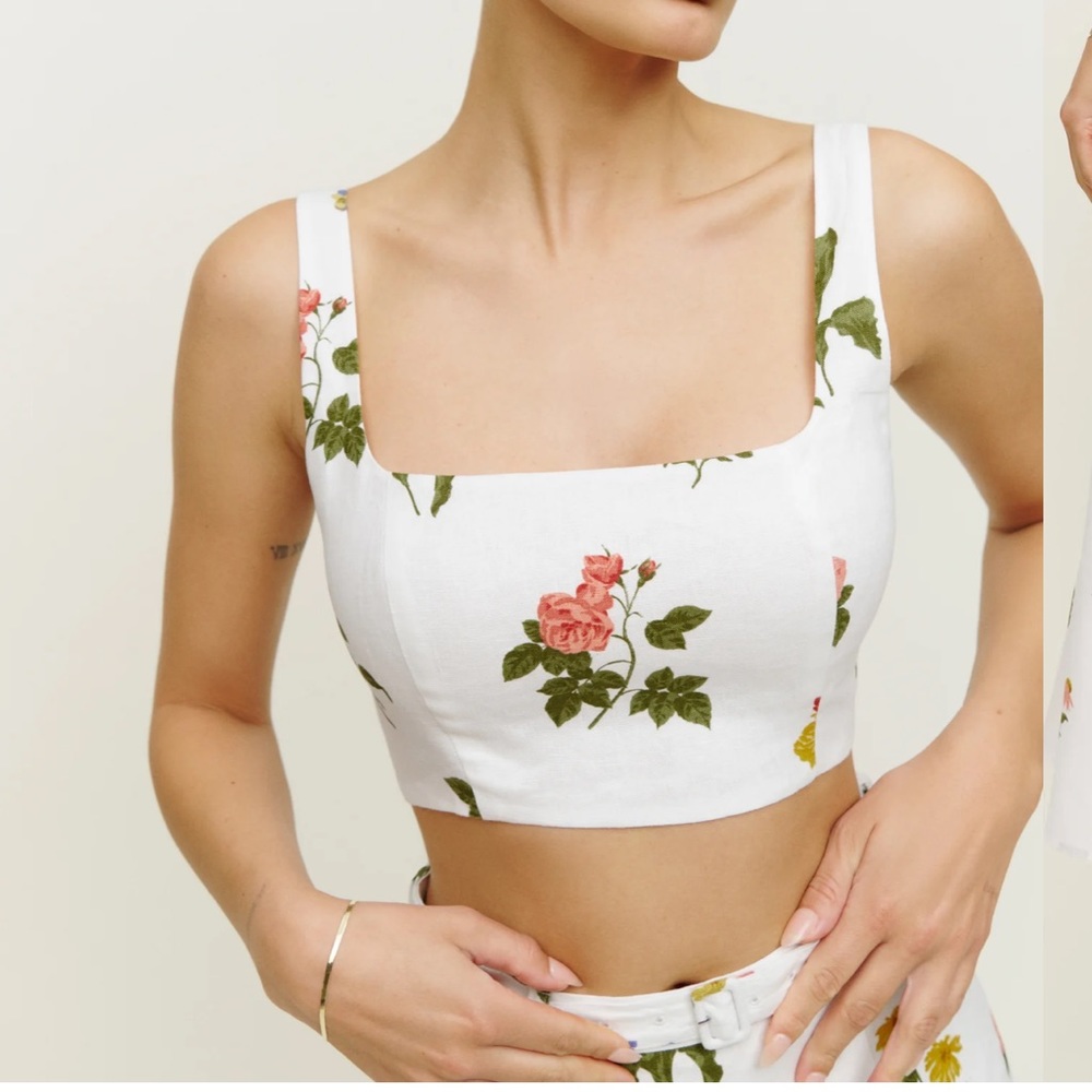 NWT Reformation Cole Two Piece, size 6, white linen floral, crop top skirt - Picture 4 of 13